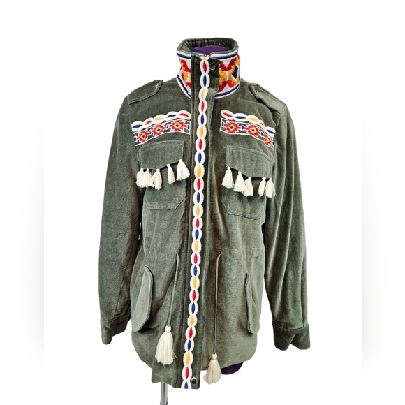 NWT America & Beyond Aztec Embroidered Olive Velvet Parka Jacket Size Medium‎ - Picture 1 of 10